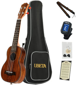 UBETA US-K-062 Acacia Koa Soprano Ukulele with Italy Aquila strings (6 in 1) Kit: Gig bag, clip-on tuner, Aquila strings,picks and straps