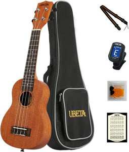 UBETA US-031 Soprano Ukulele 21 Inch Beginner Travel Mahogany Ukulele Bundle with Gig bag, clip-on tuner, picks,strings chord card and strap