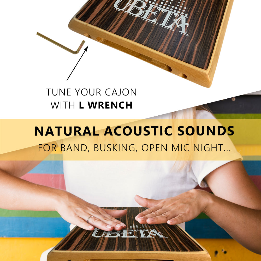 UBETA Compact Travel Cajon Box Drum Flat Hand Drum Percussion Instrument with Adjustable Strings Veined Ebony